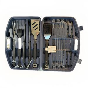 Complete BBQ Grilling Tool Set Hard Case Skewers Spatula Brush Fork